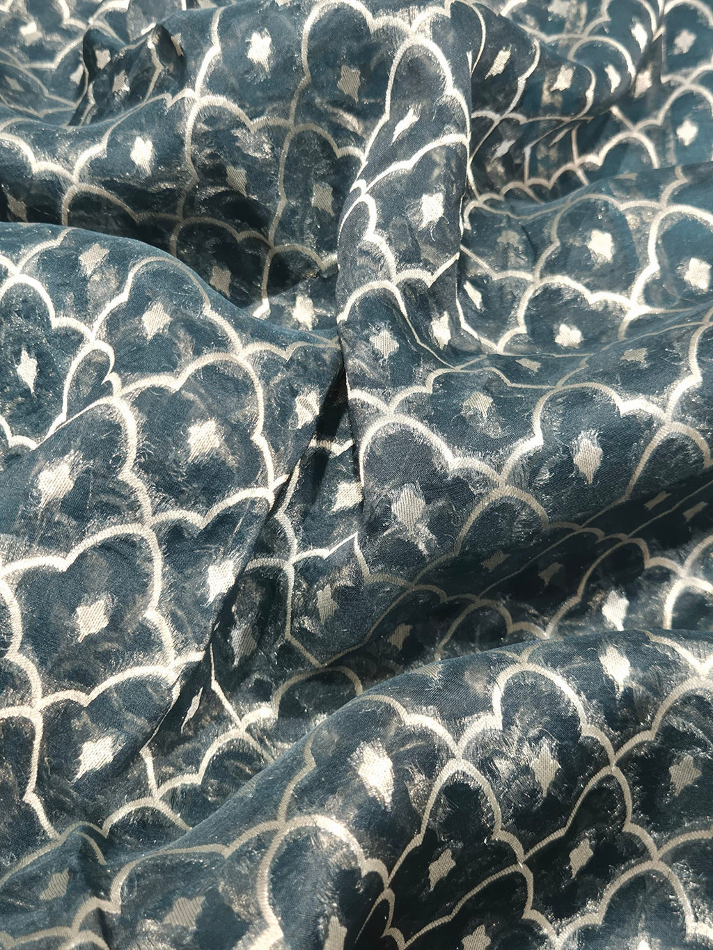 Teal Blue Kora Silk Banarasi saree border closeup