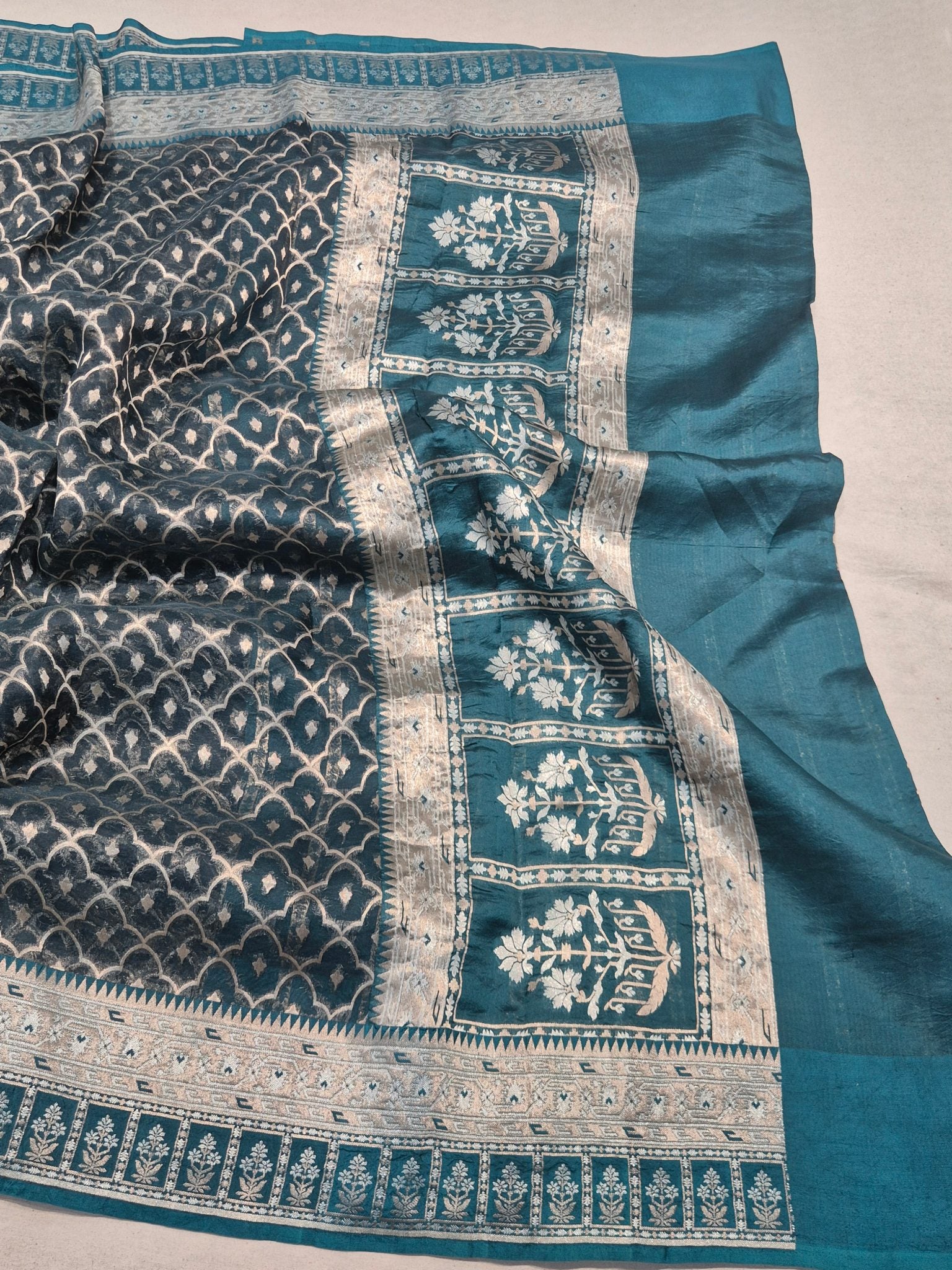 Teal Blue Kora Silk Banarasi saree full spread