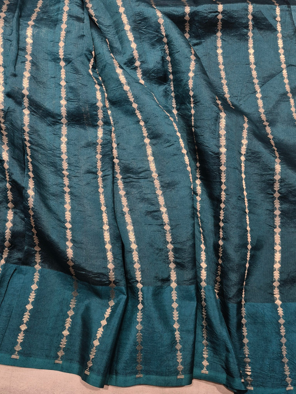 Teal Blue Kora Silk Banarasi saree texture detail
