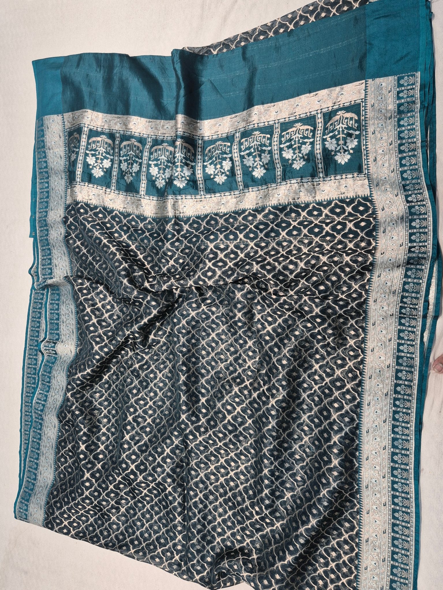 Teal Blue Kora Silk Banarasi saree zari work detail