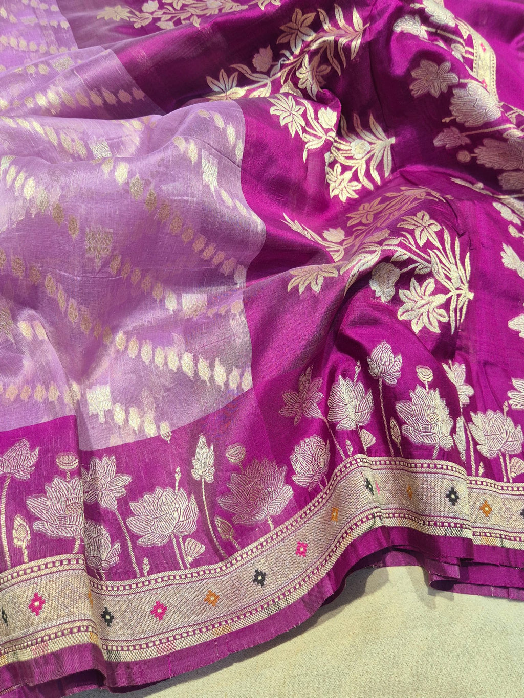 Magenta Pink Kora Silk Banarasi saree front drape view