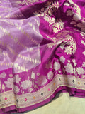 Magenta Pink Kora Silk Banarasi saree front drape view