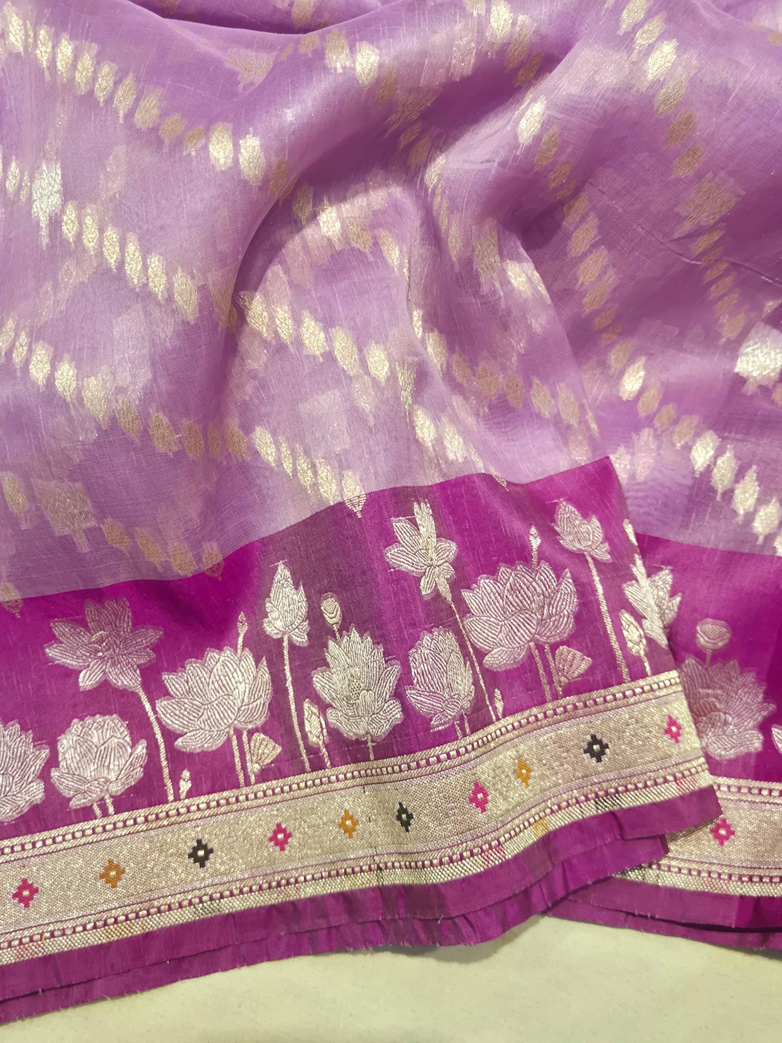 Magenta Pink Kora Silk Banarasi saree full spread