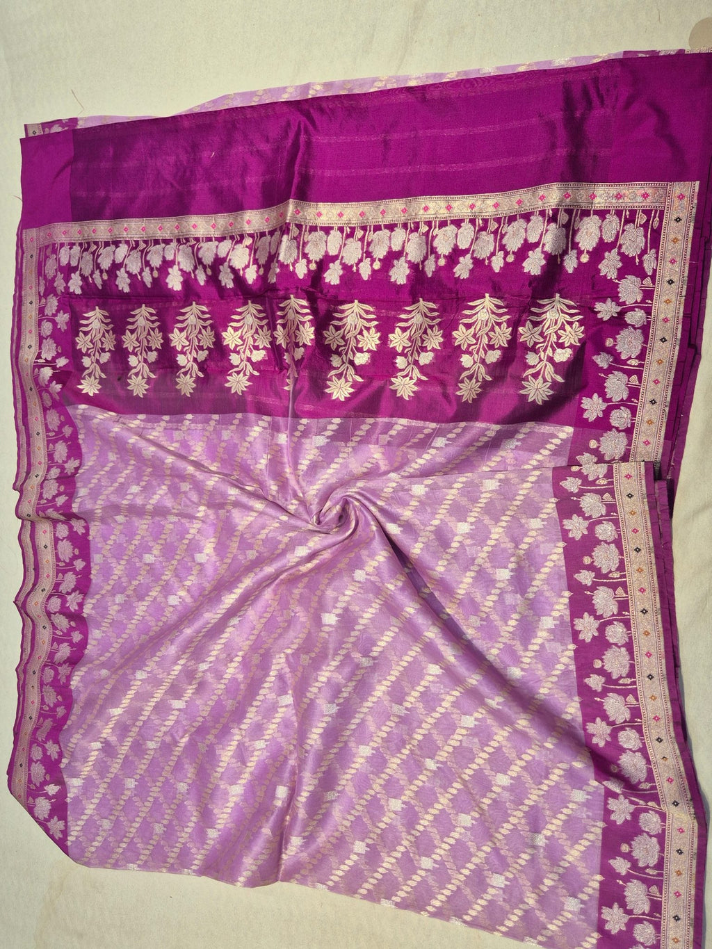 Magenta Pink Kora Silk Banarasi saree zari work detail