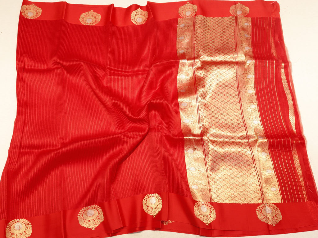 Red Kora Silk Banarasi saree texture detail