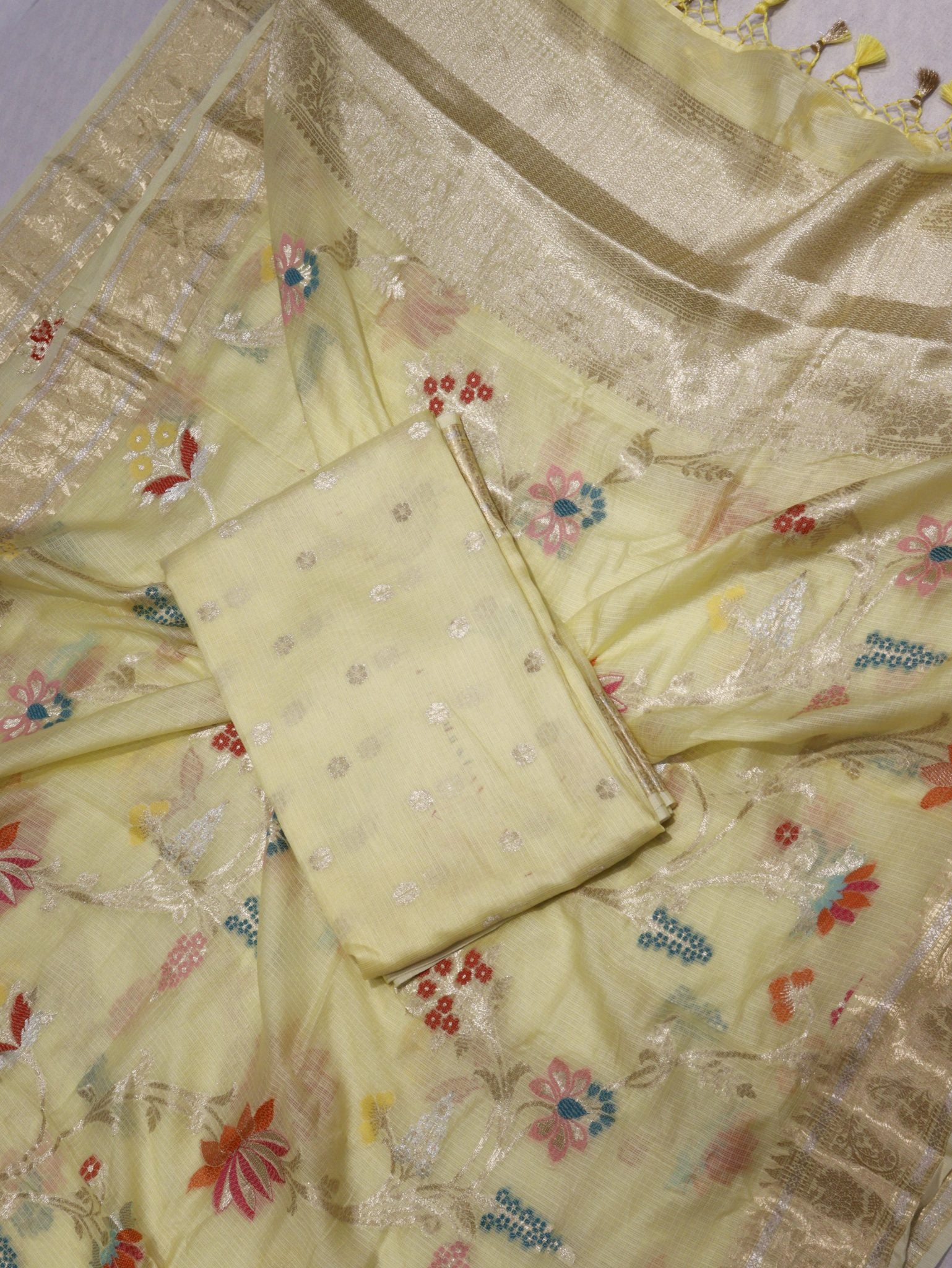 Lemon Yellow Pure Cotton Kota Banarasi suit front drape view