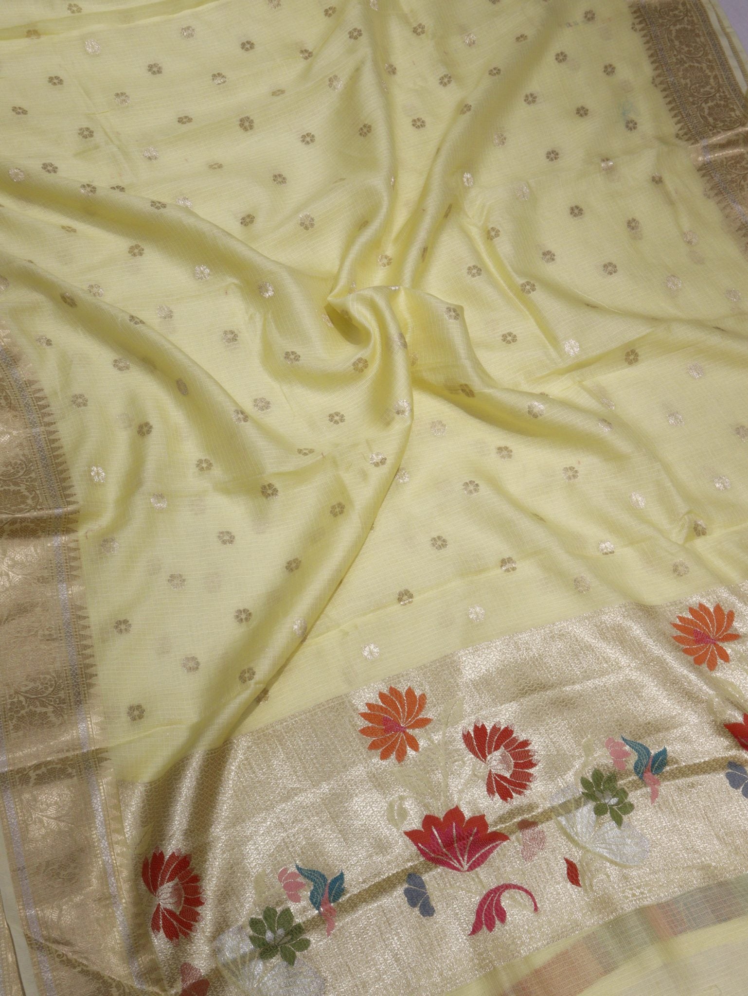 Lemon Yellow Pure Cotton Kota Banarasi suit sleeve detail