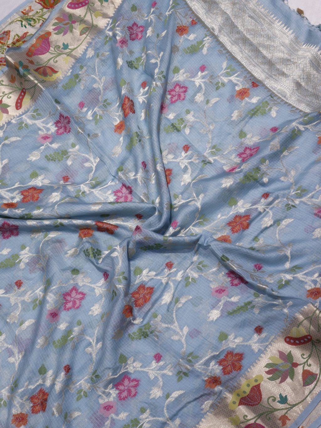 Sky Blue Pure Cotton Kota Banarasi suit neckline detail