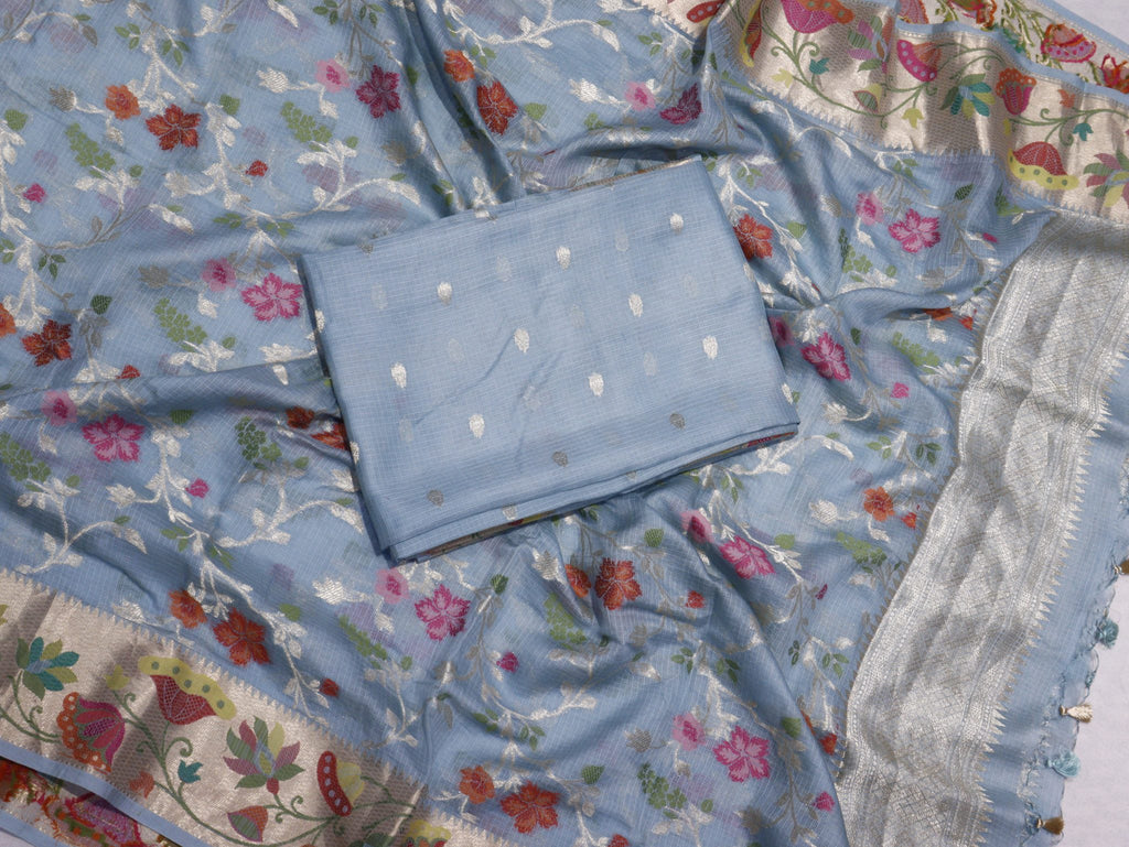Sky Blue Pure Cotton Kota Banarasi suit front drape view