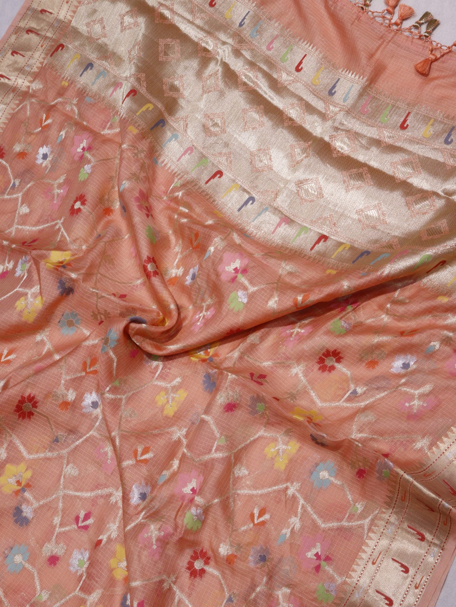 Peach Pure Cotton Kota Banarasi suit front drape view