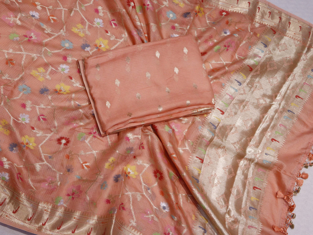 Peach Pure Cotton Kota Banarasi suit neckline detail