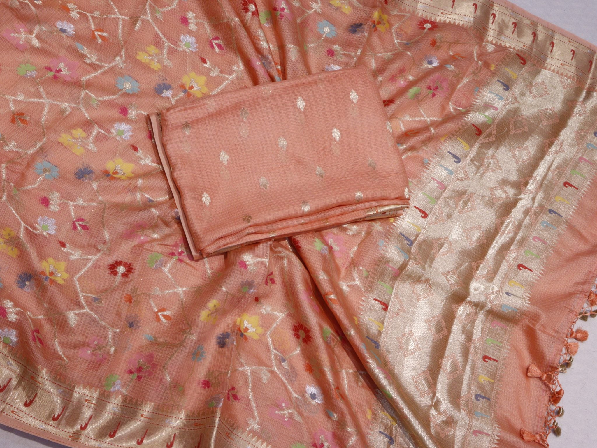 Peach Pure Cotton Kota Banarasi suit neckline detail