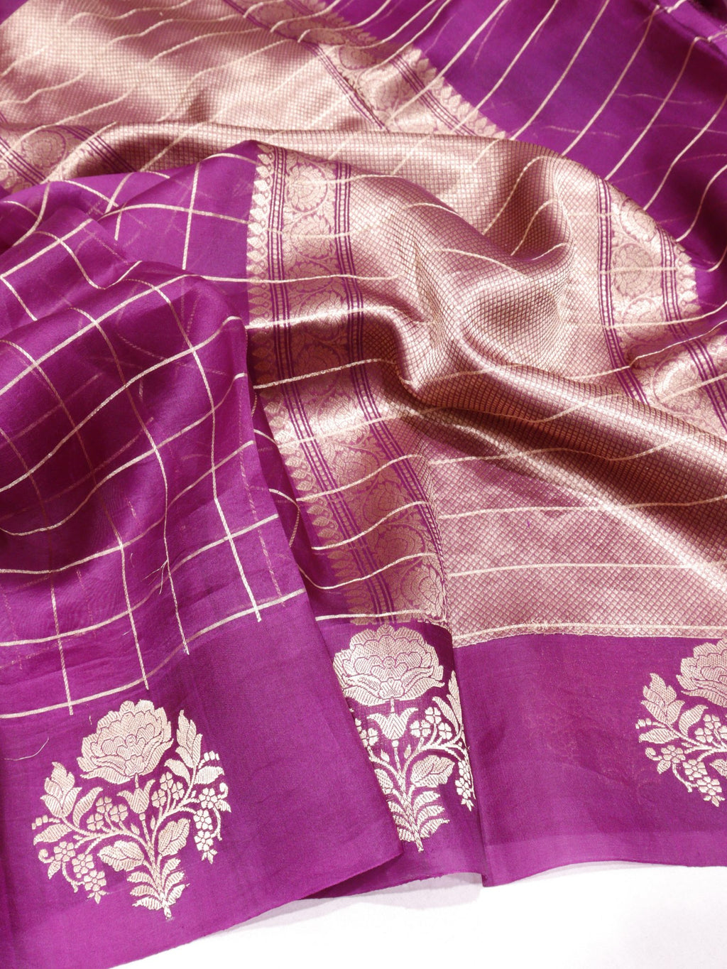 Purple Kora Silk Banarasi saree pallu detail