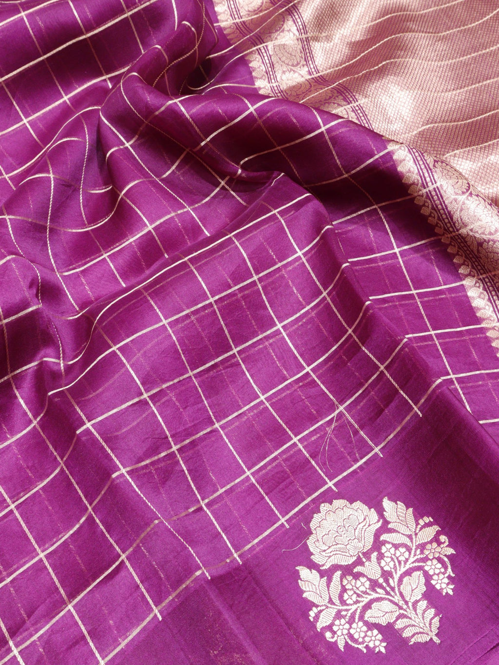 Purple Kora Silk Banarasi saree pallu detail