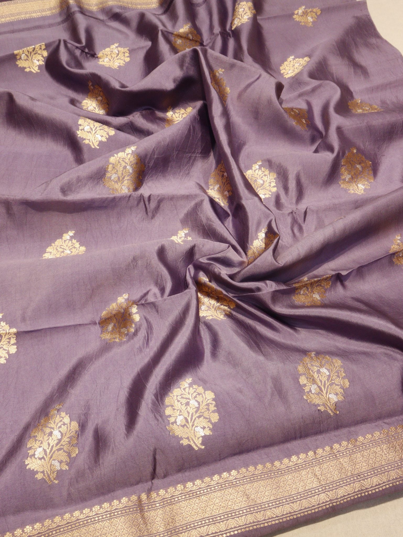 Silver Purple Katan Silk Banarasi suit front drape view