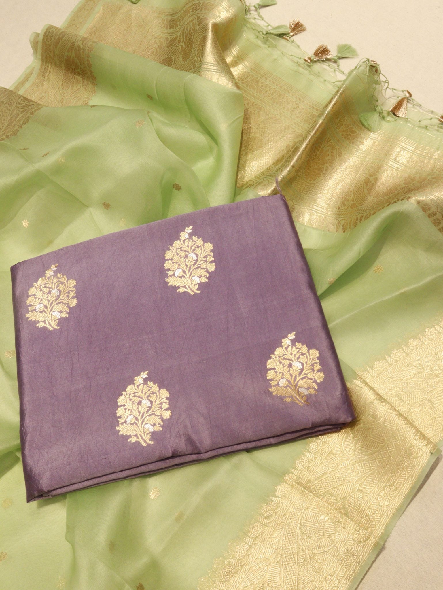 Silver Purple Katan Silk Banarasi suit sleeve detail