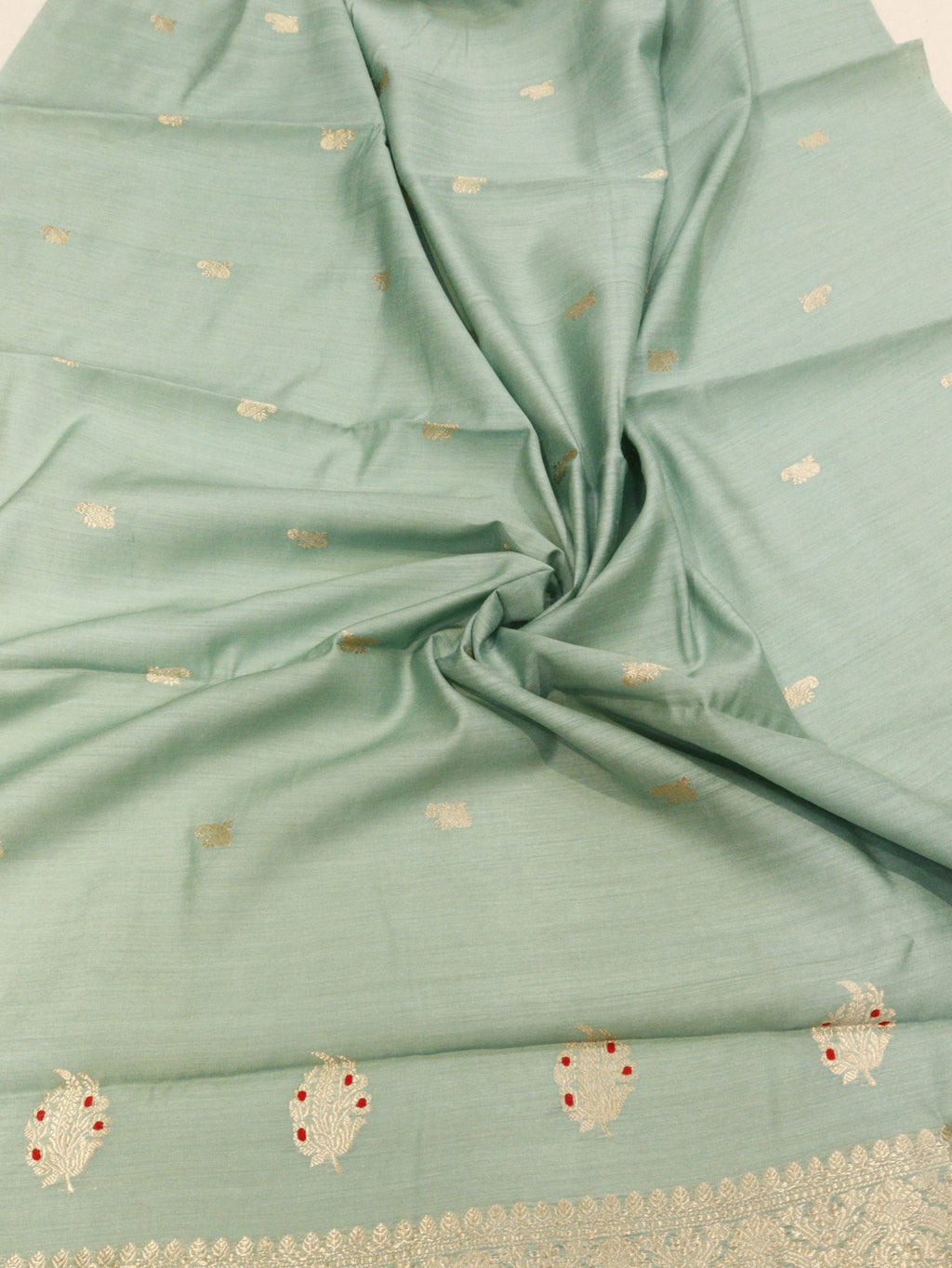 Olive Green Moonga Silk Banarasi suit neckline detail