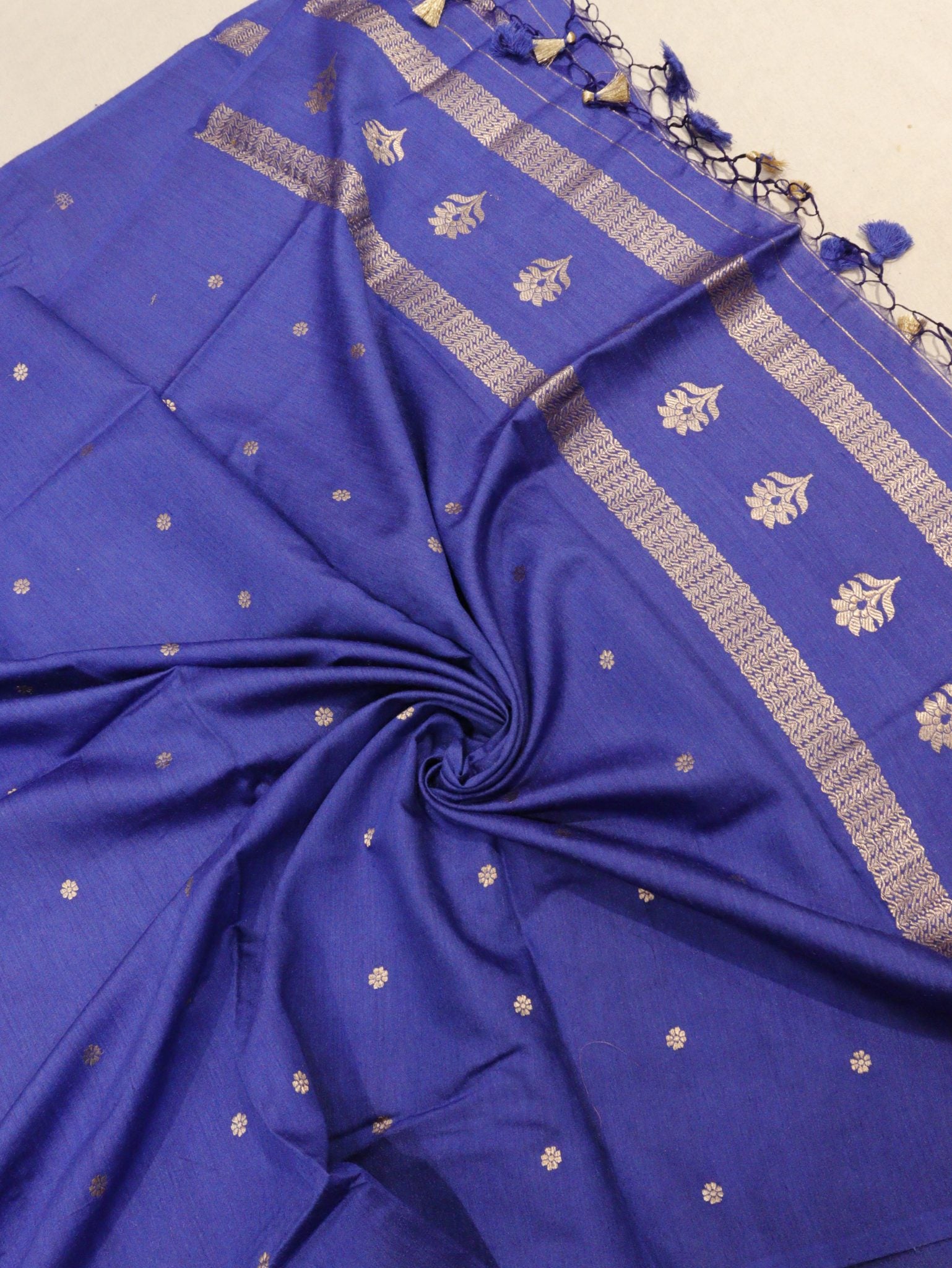 Blue Moonga Silk Banarasi suit front drape view