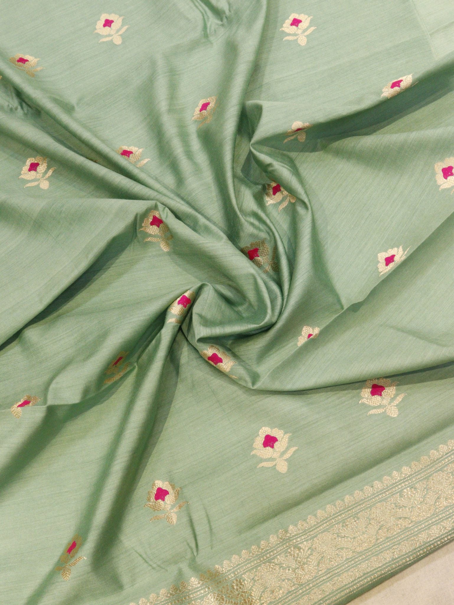 Sea Green Moonga Silk Banarasi suit front drape view