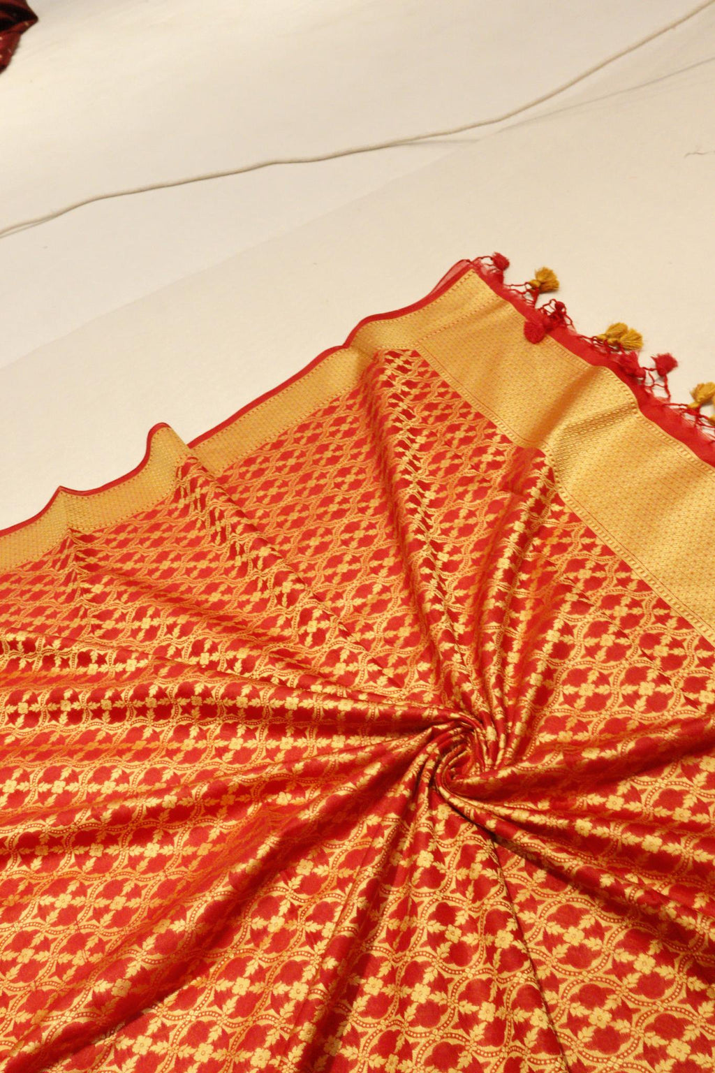 Red Pure Cotton Banarasi suit border closeup