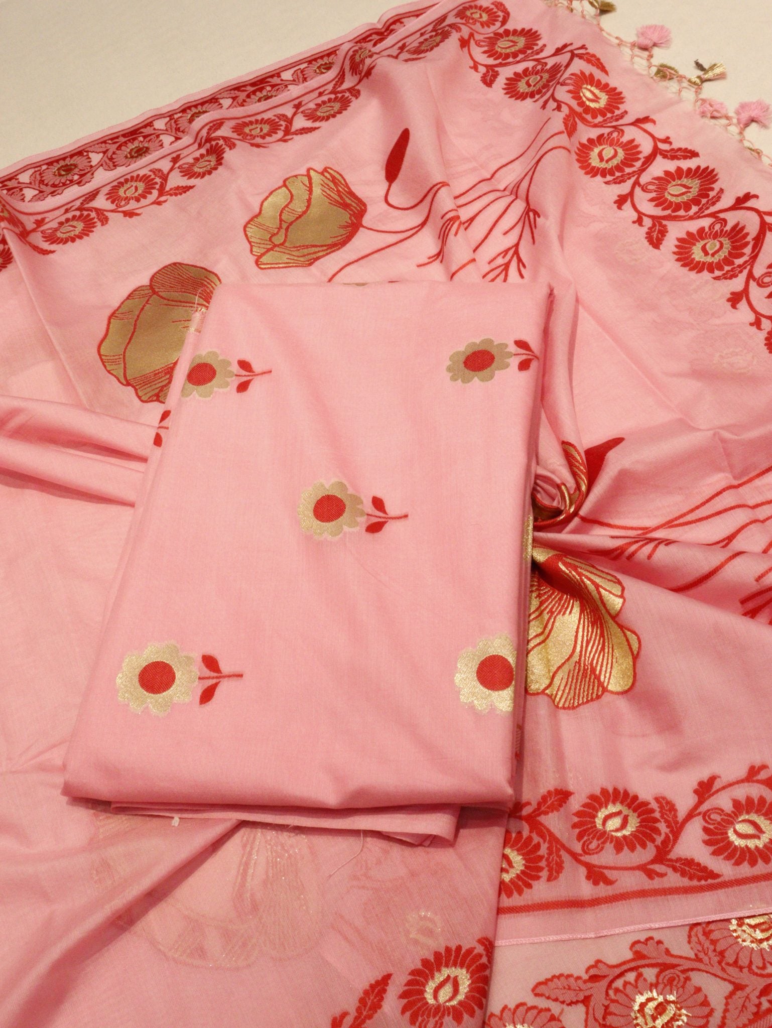 Baby Pink Pure Cotton Banarasi suit sleeve detail