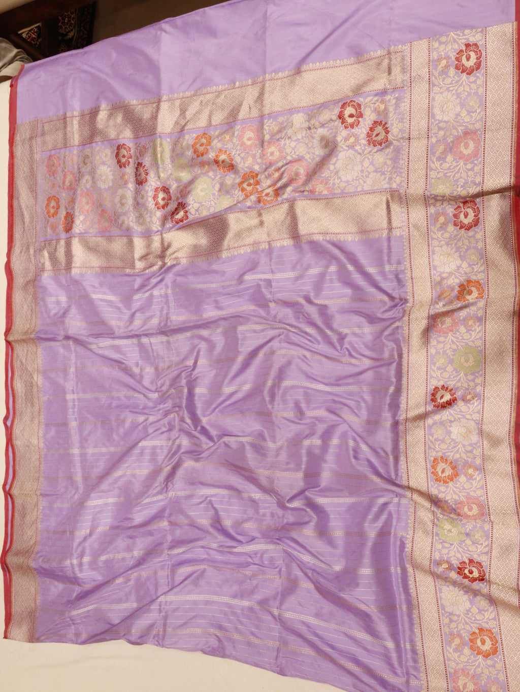 Lavender Katan Silk Banarasi saree front drape view