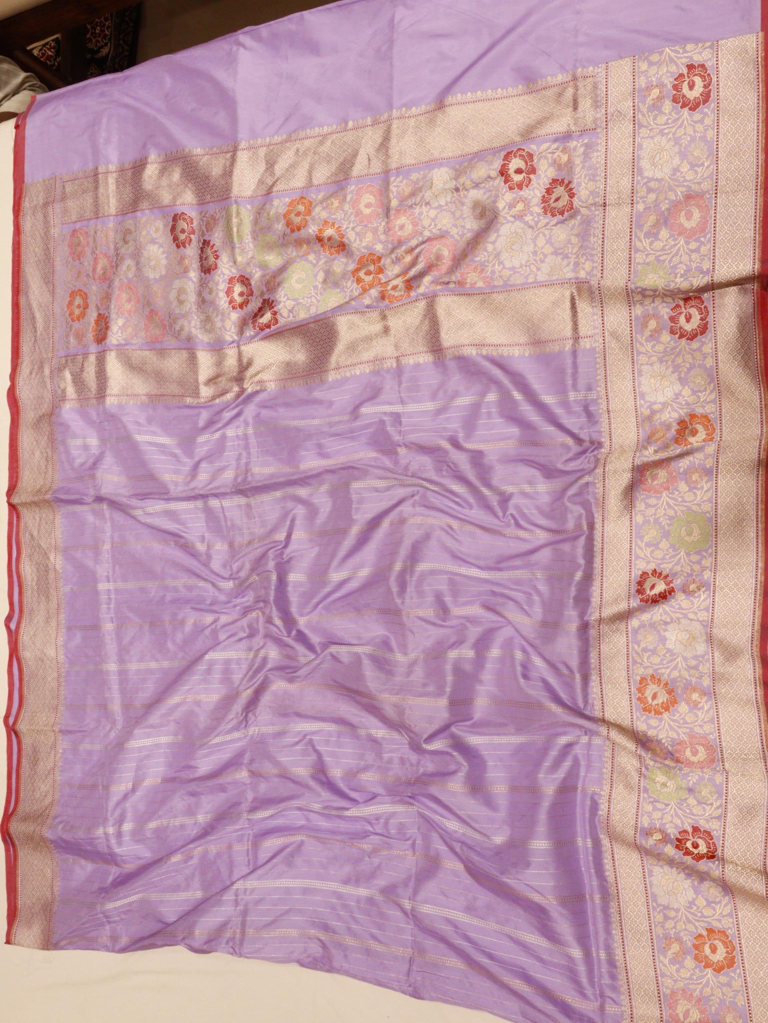Lavender Katan Silk Banarasi saree front drape view