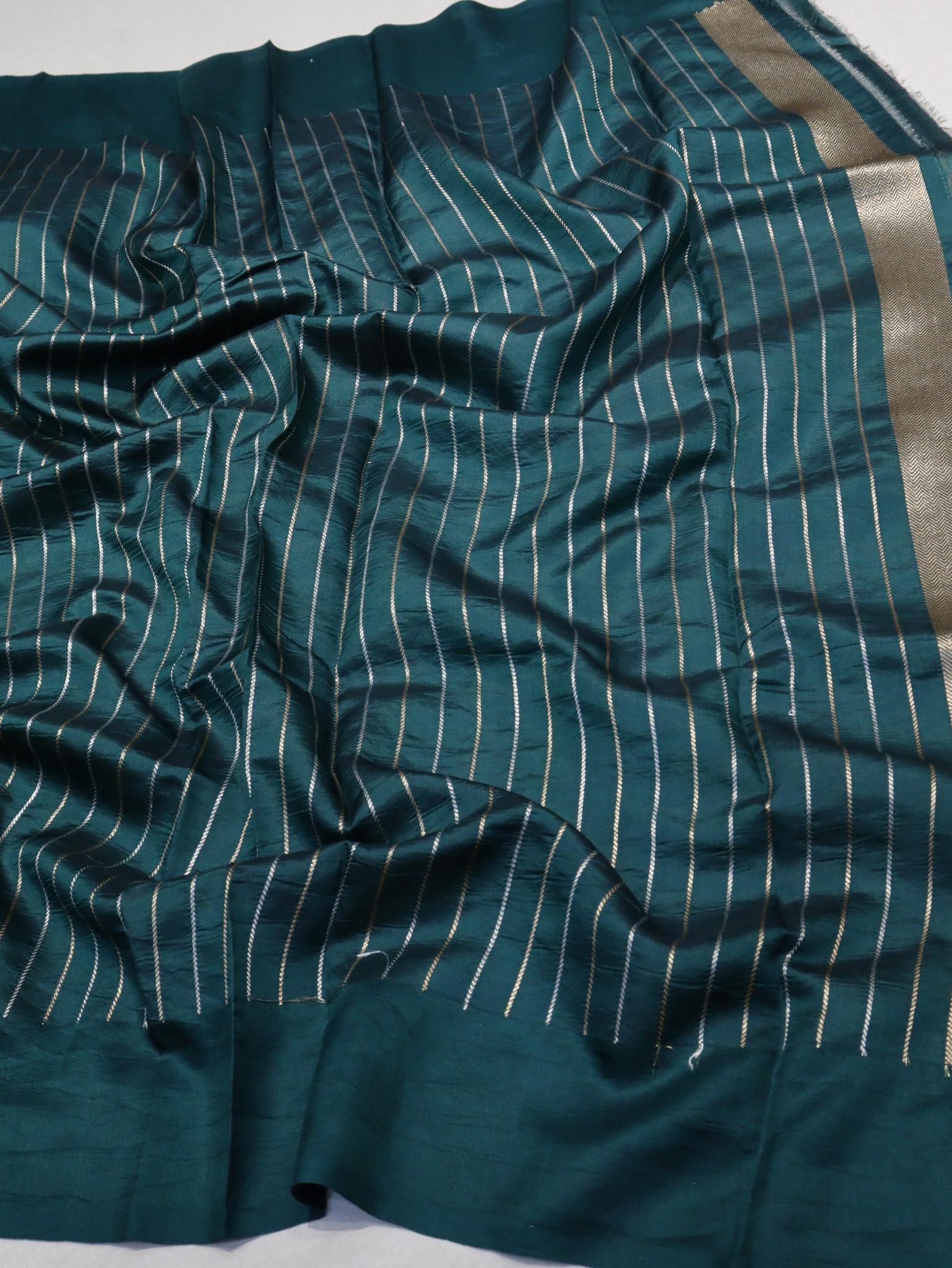 Bottel Green Katan Silk Banarasi saree front drape view
