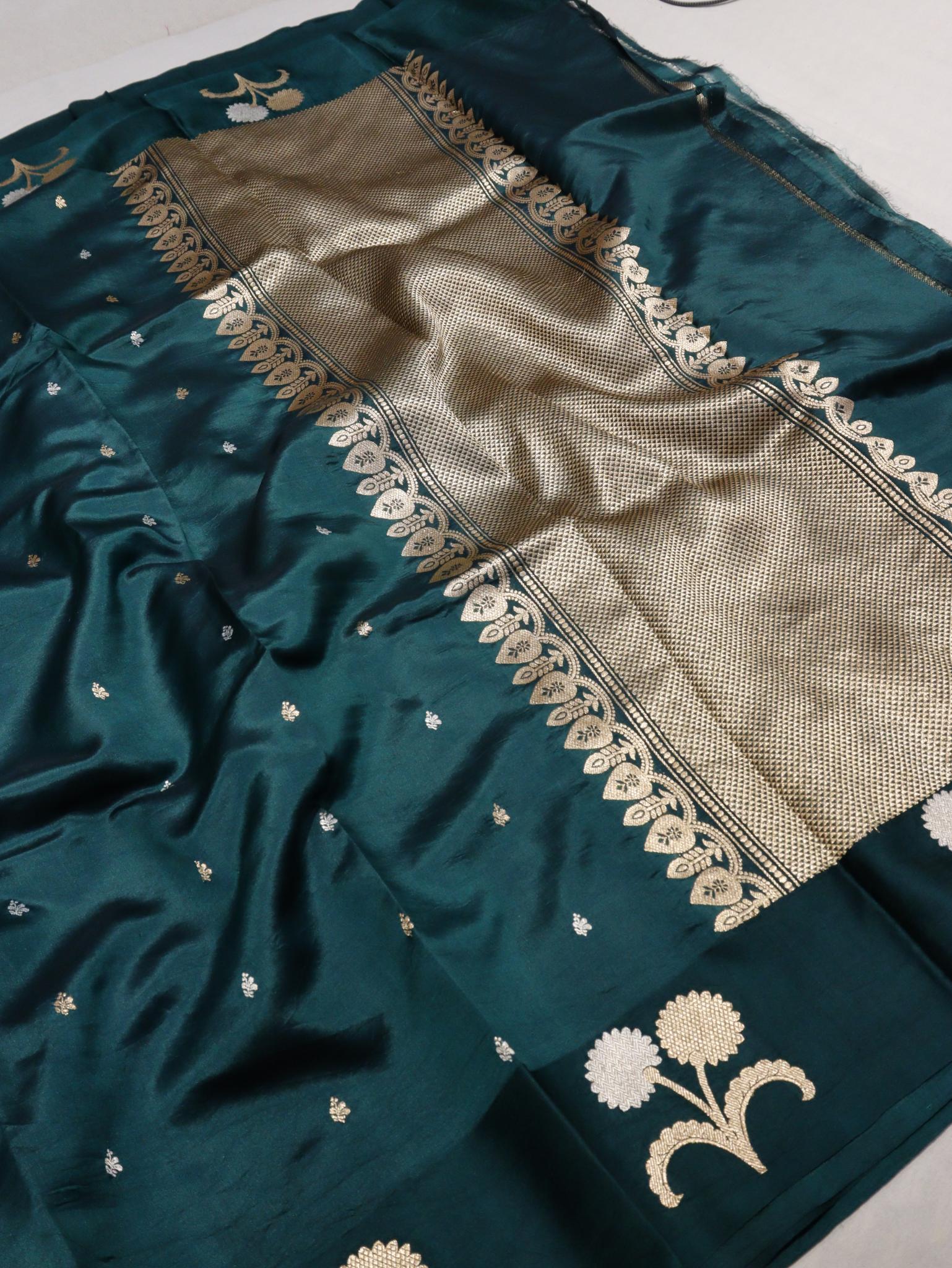 Bottel Green Katan Silk Banarasi saree blouse piece