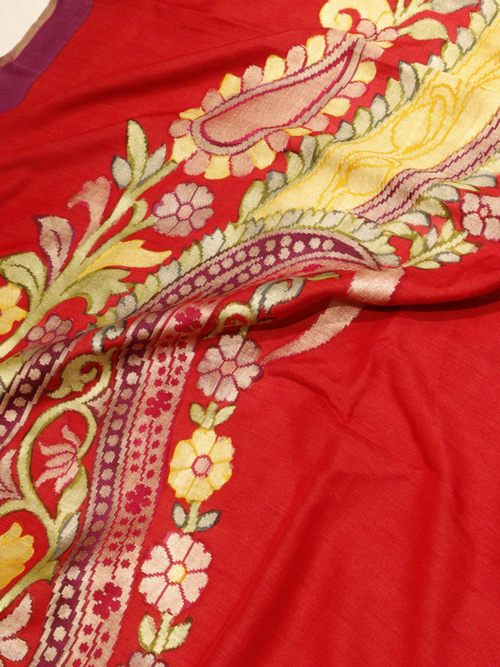 Tommato Red with Purple Moonga Silk Banarasi saree front drape view
