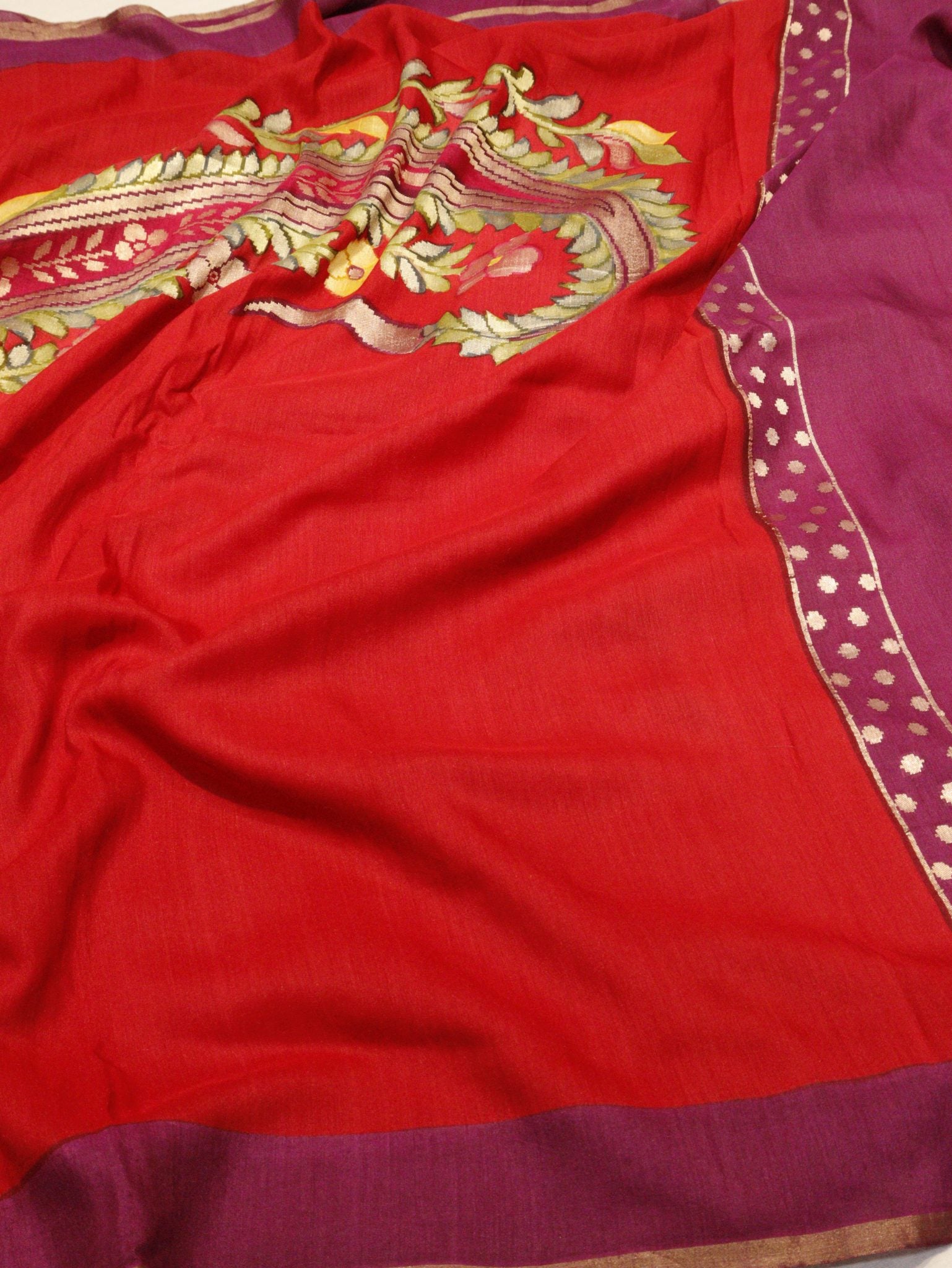 Tommato Red with Purple Moonga Silk Banarasi saree full spread