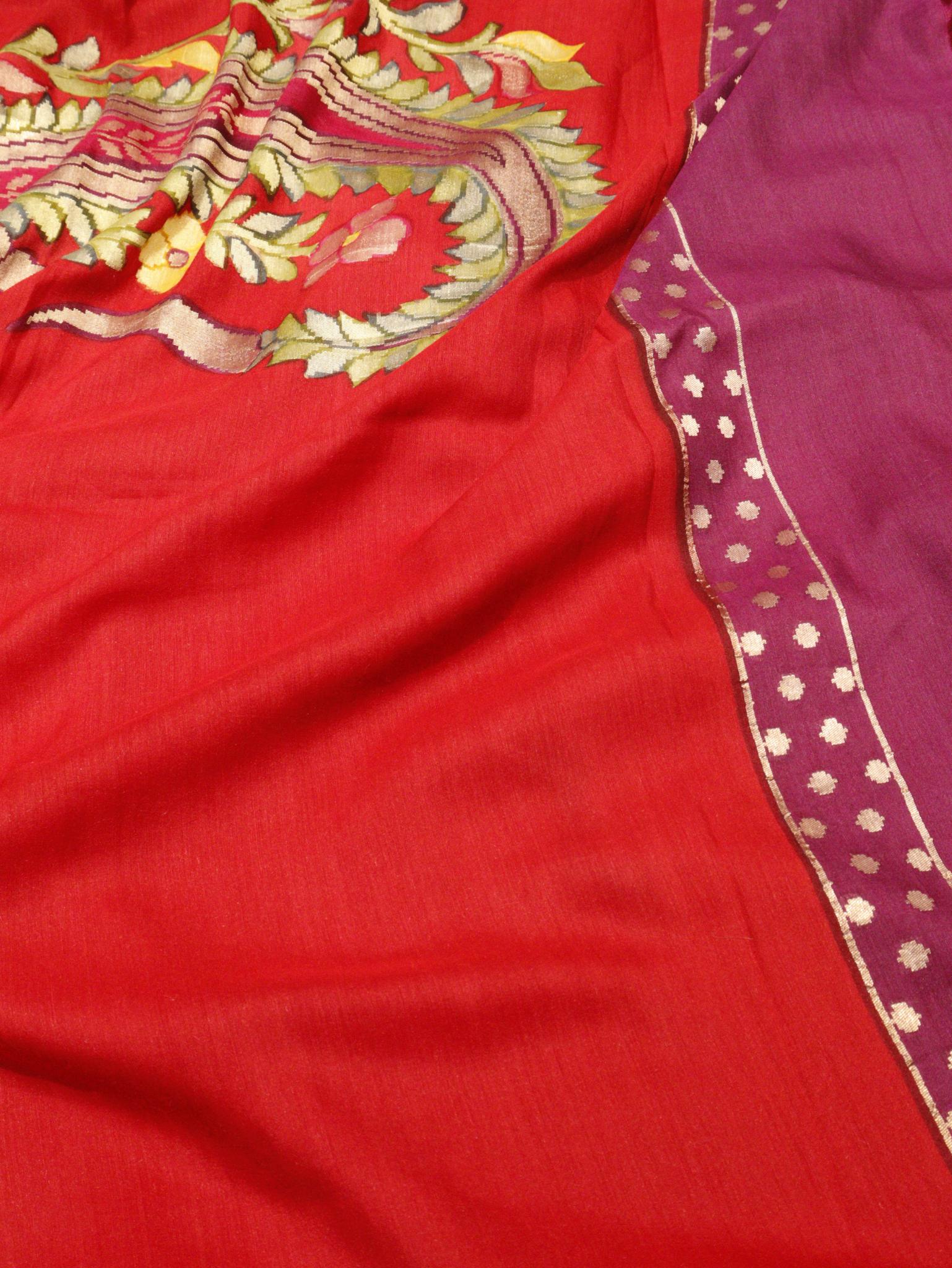 Tommato Red with Purple Moonga Silk Banarasi saree zari work detail