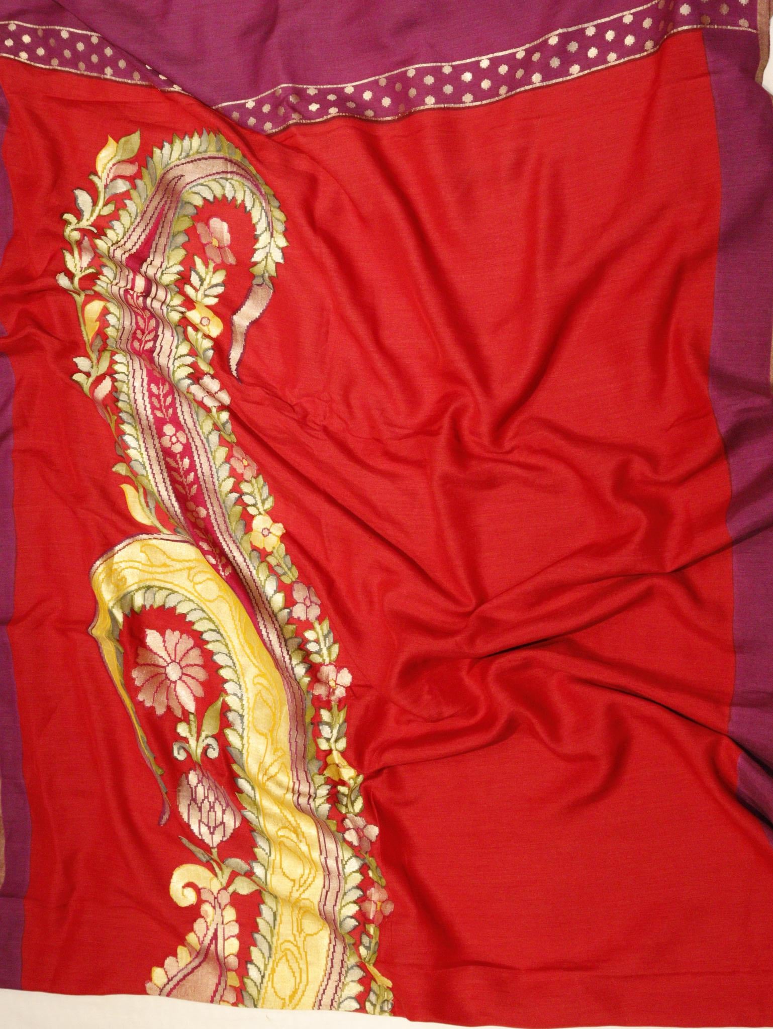 Tommato Red with Purple Moonga Silk Banarasi saree folded view