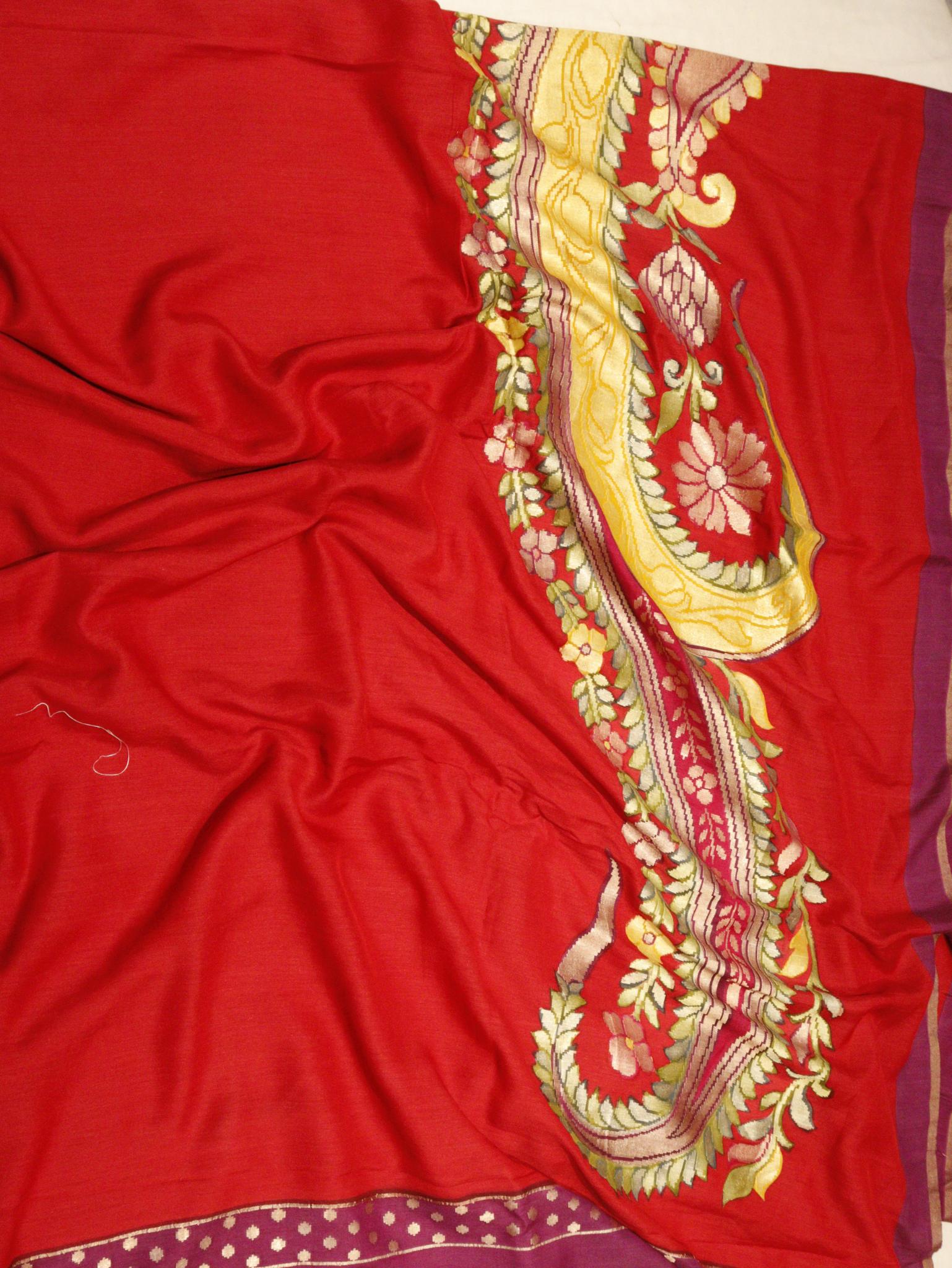 Tommato Red with Purple Moonga Silk Banarasi saree front drape view