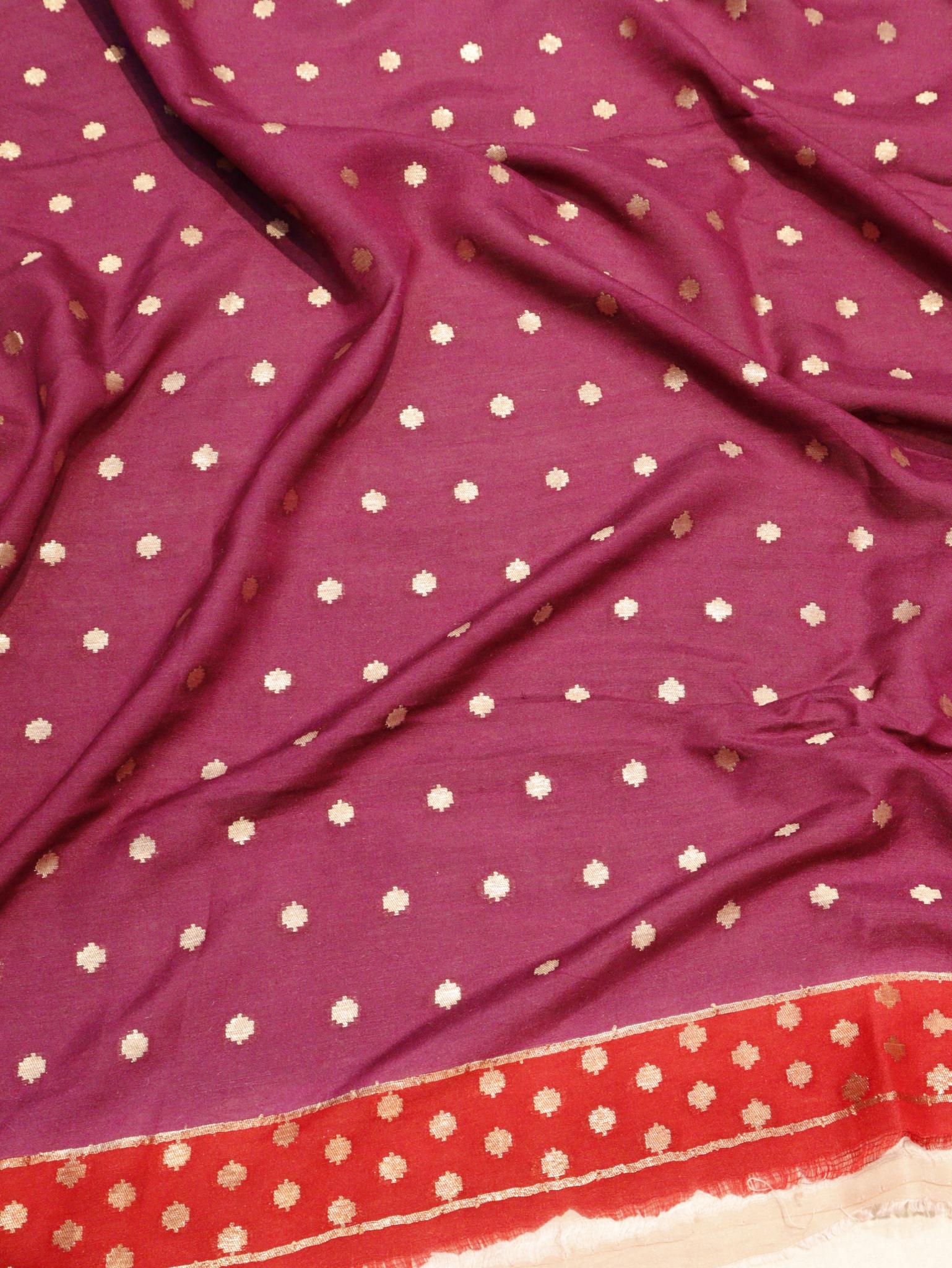 Tommato Red with Purple Moonga Silk Banarasi saree pallu detail
