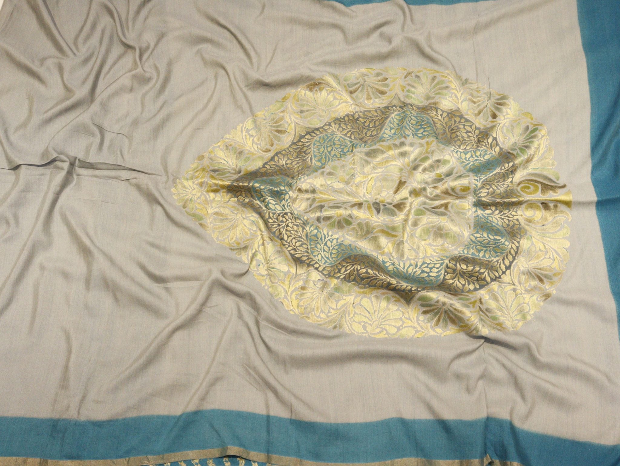 Ash Blue with Aqua Blue Moonga Silk Banarasi saree front drape view