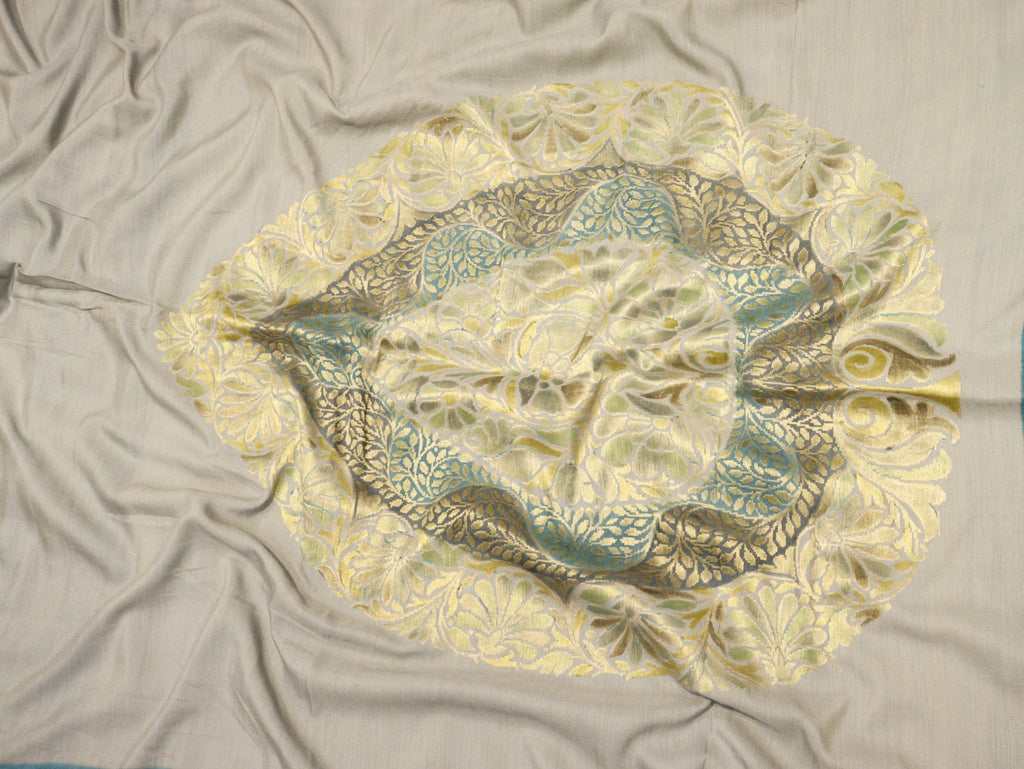 Ash Blue with Aqua Blue Moonga Silk Banarasi saree pallu detail