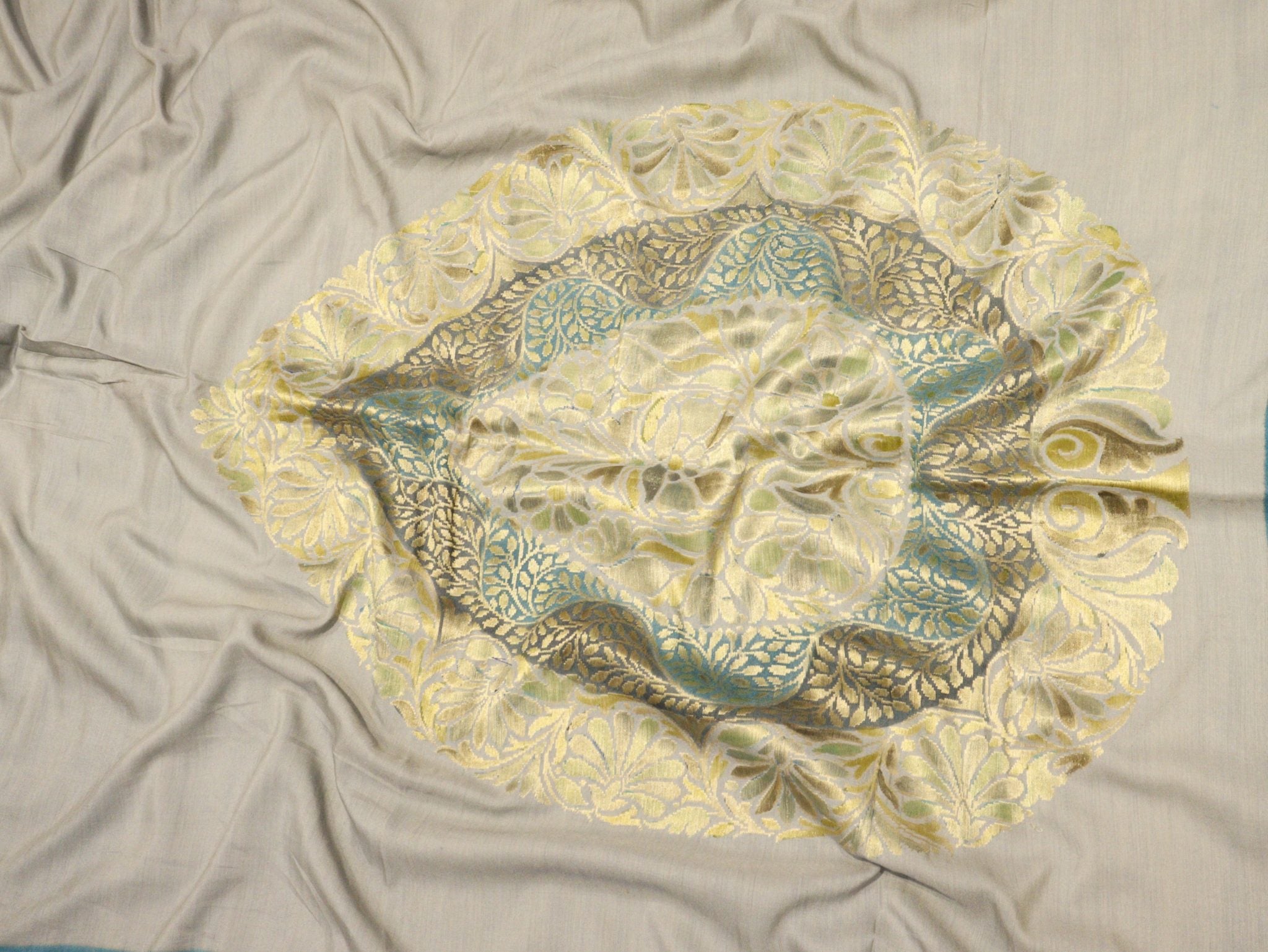 Ash Blue with Aqua Blue Moonga Silk Banarasi saree pallu detail