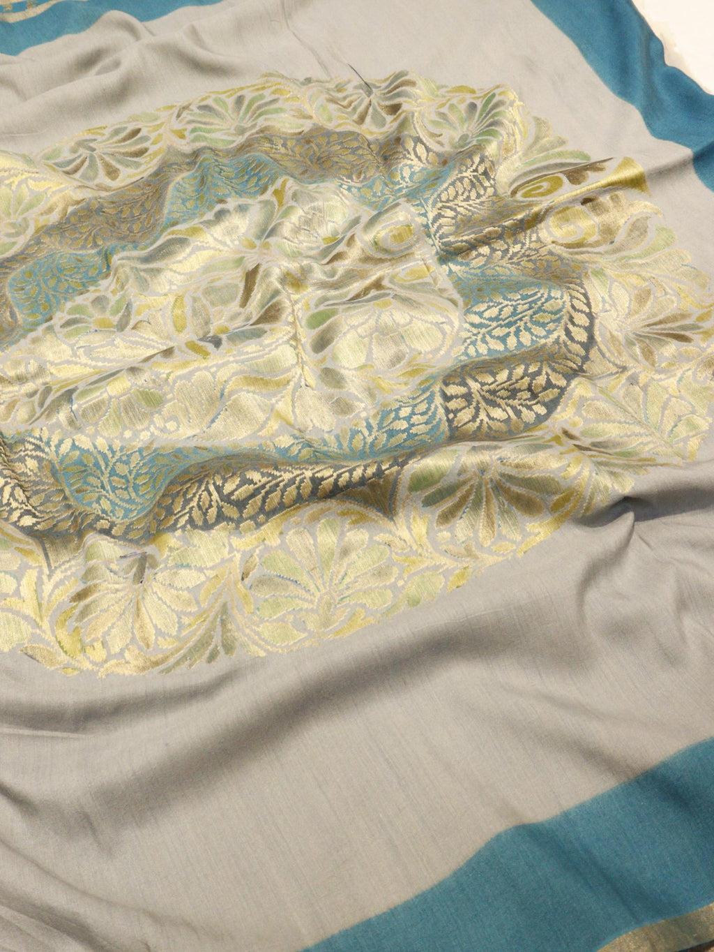 Ash Blue with Aqua Blue Moonga Silk Banarasi saree border closeup
