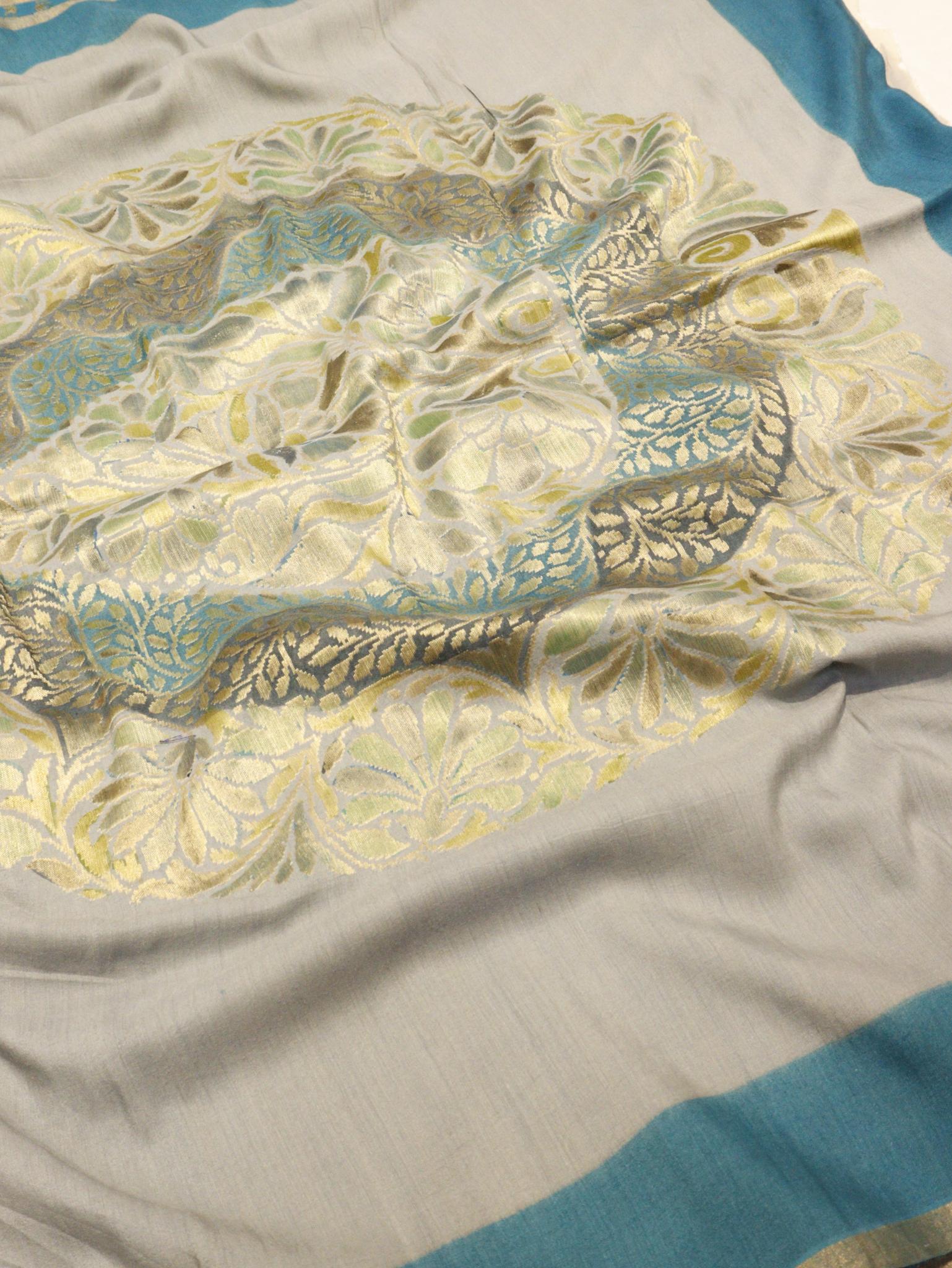 Ash Blue with Aqua Blue Moonga Silk Banarasi saree border closeup