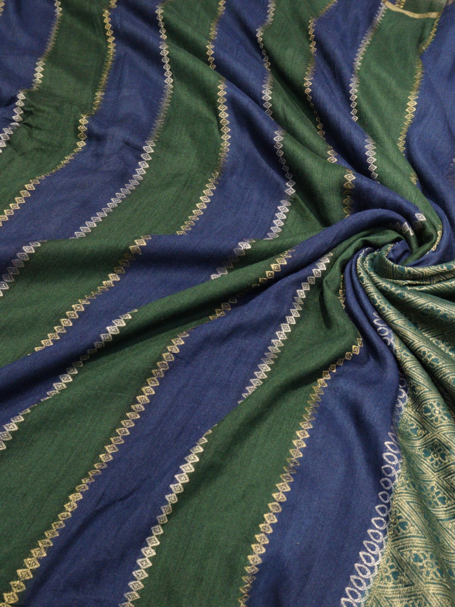 Bottle Green with Blue Moonga Silk Banarasi saree border closeup