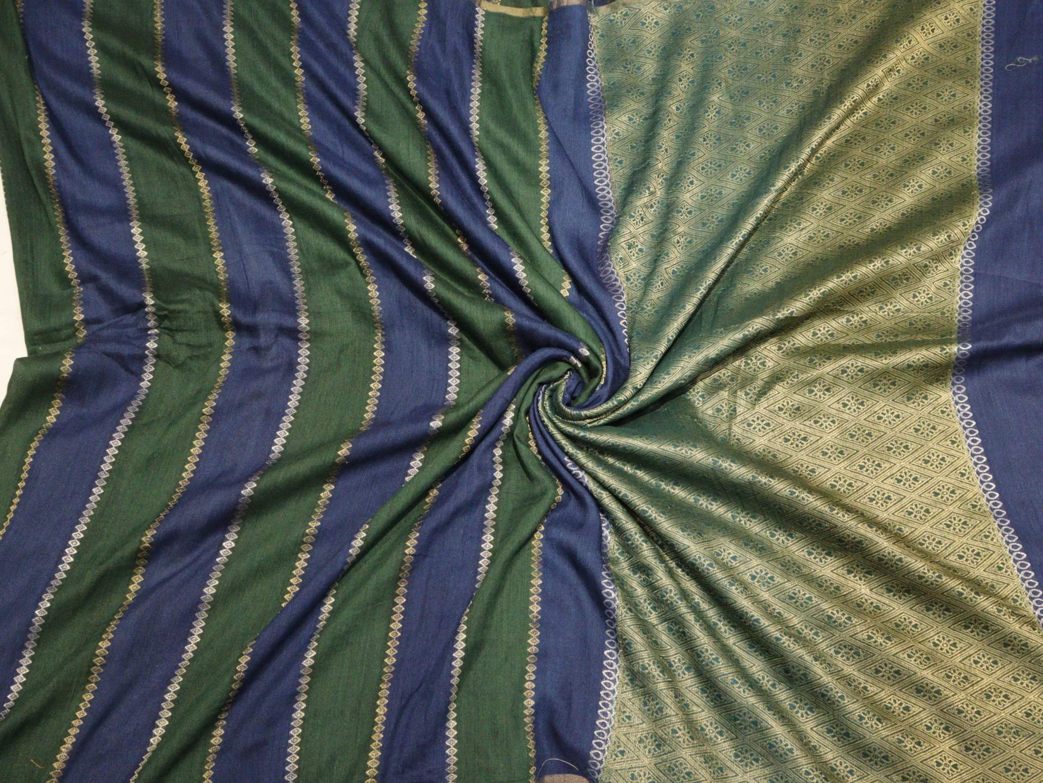 Bottle Green with Blue Moonga Silk Banarasi saree full spread