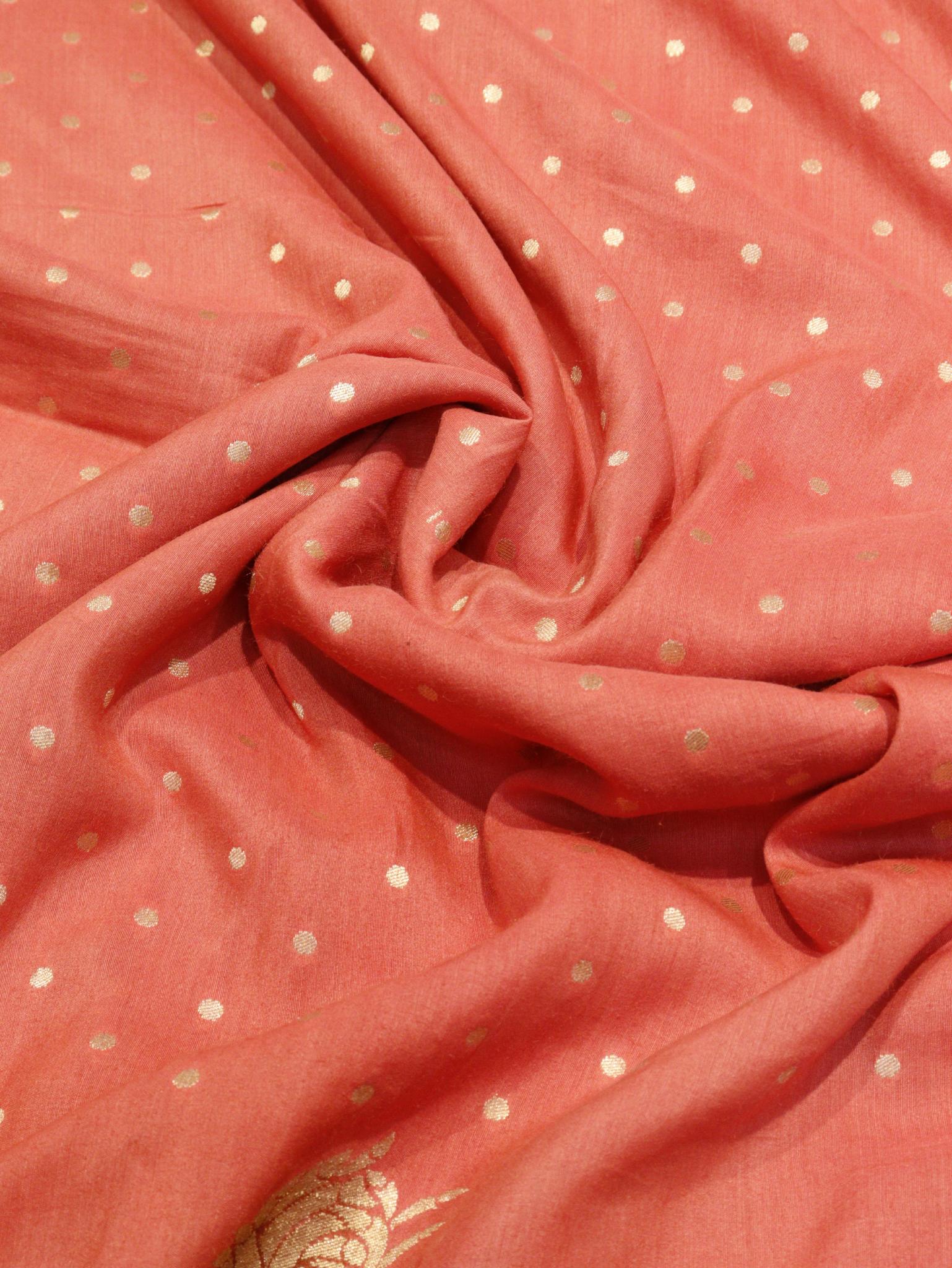 Peach Moonga Silk Banarasi saree front drape view