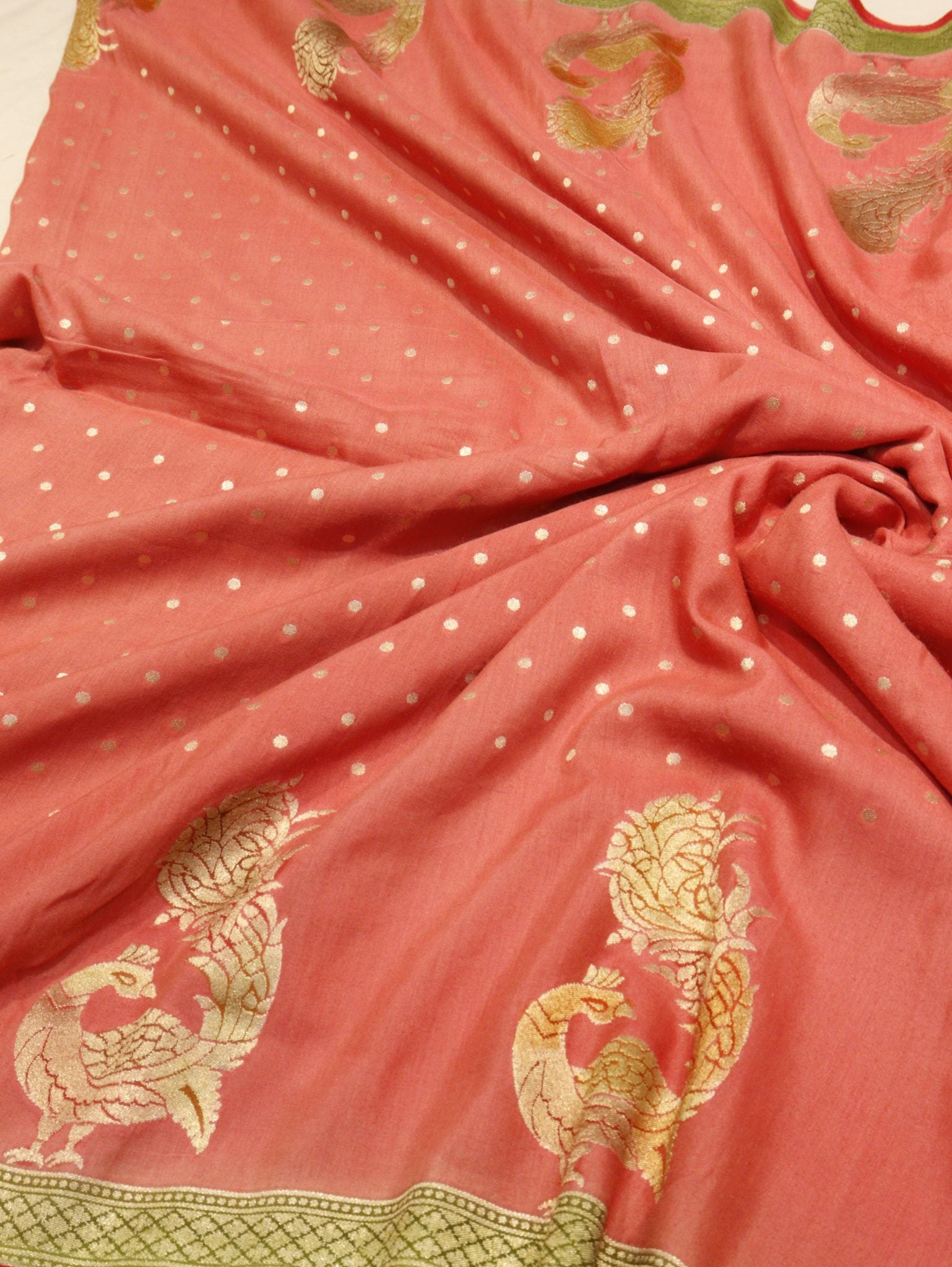Peach Moonga Silk Banarasi saree pallu detail