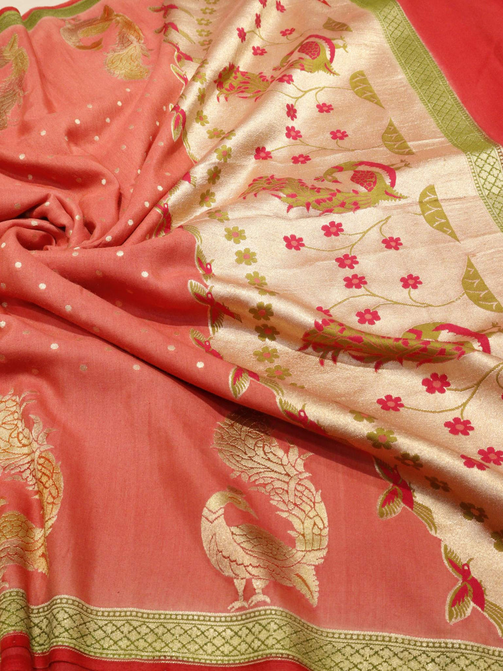 Peach Moonga Silk Banarasi saree border closeup
