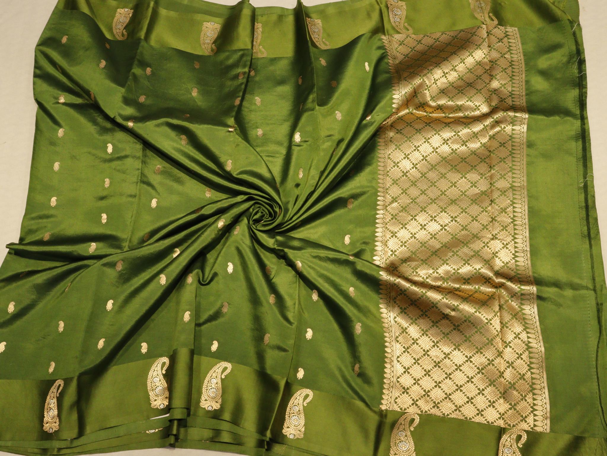 sage Green Soft Katan Banarasi saree front drape view