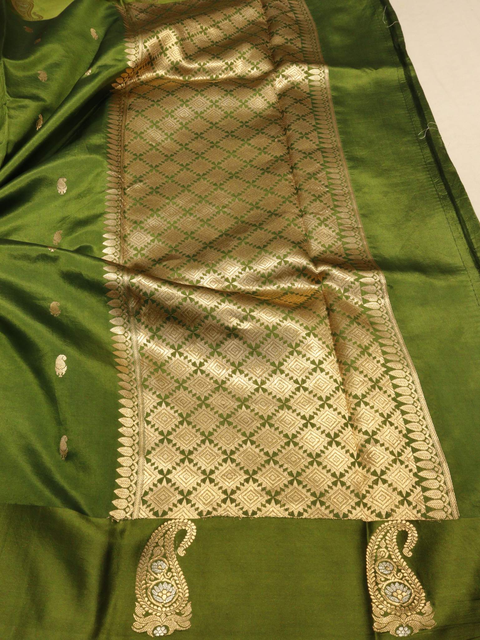 sage Green Soft Katan Banarasi saree pallu detail