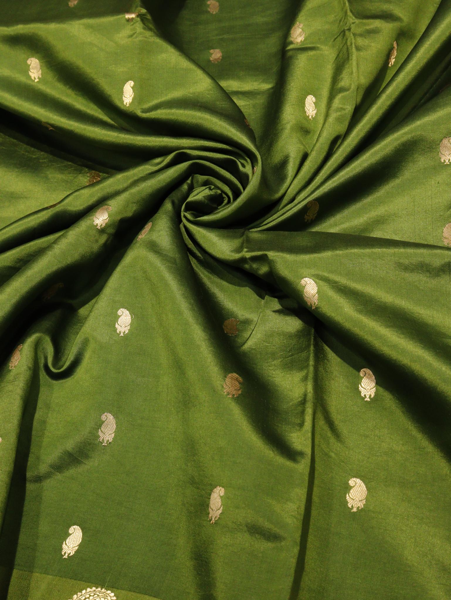 sage Green Soft Katan Banarasi saree border closeup