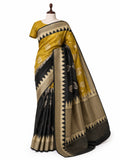 Mehendi Yellow & black Katan Silk Banarasi saree front drape view
