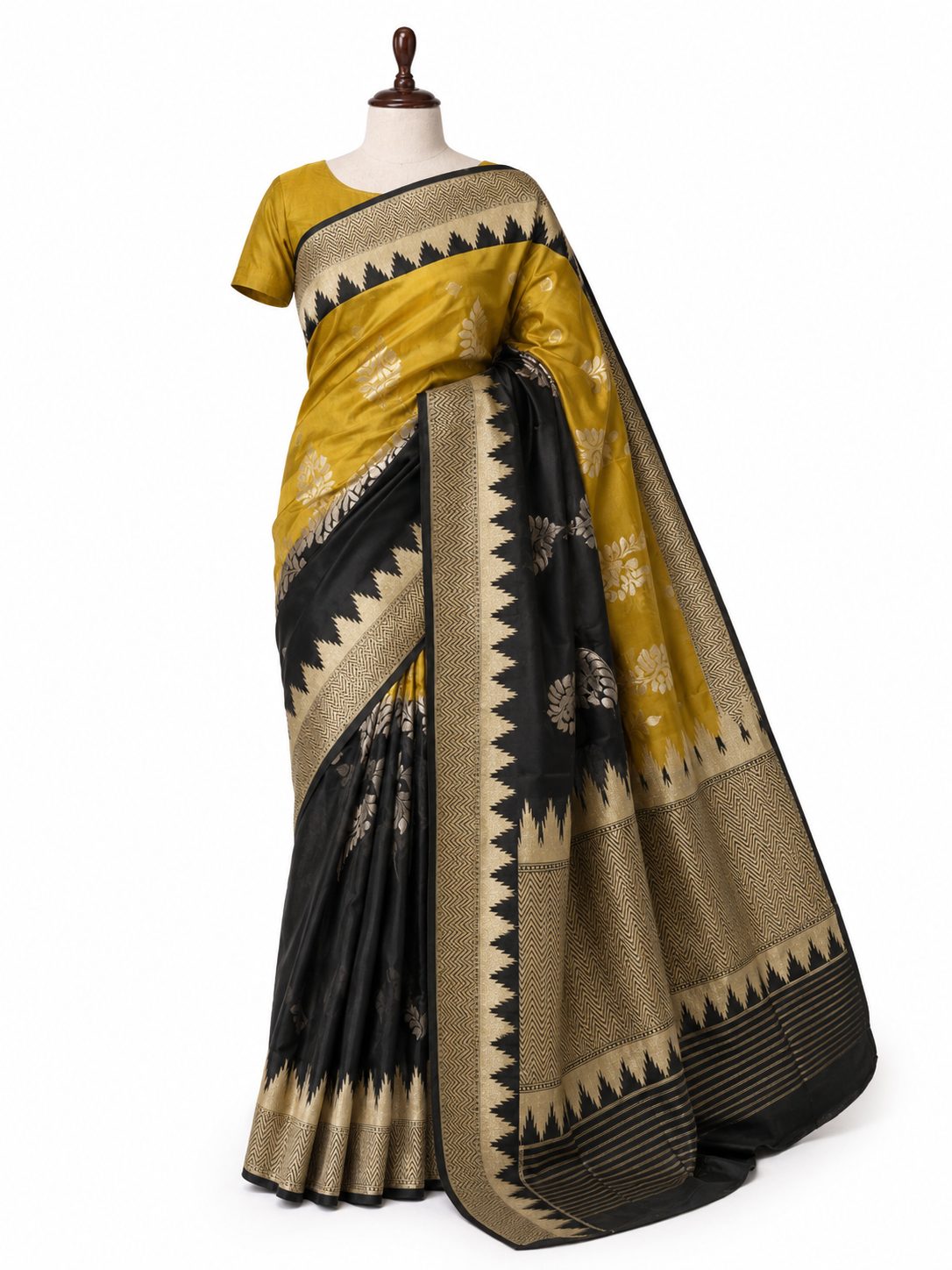 Mehendi Yellow & black Katan Silk Banarasi saree front drape view